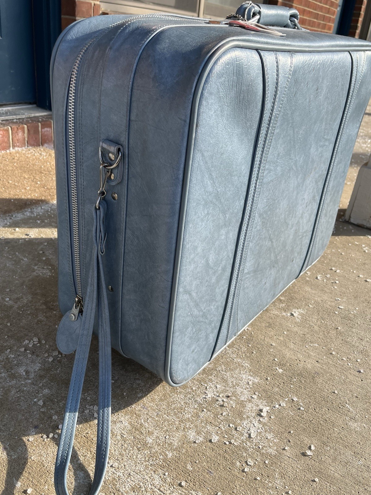 Vintage Leather Blue American Tourister Luggage Set With Strap And Wheels