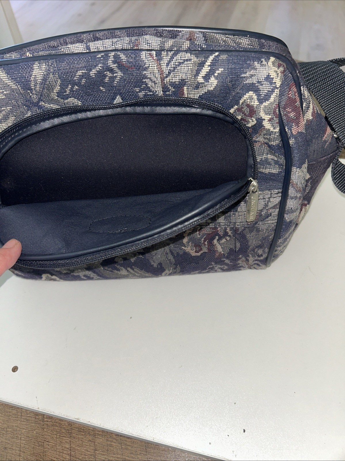 Vintage Jaguar Tapestry Floral Carry On Luggage Shoulder Travel Bag Purse Blue