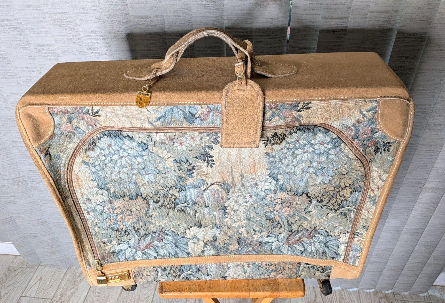 Vintage French Luggage Company Paradise Suede Tapestry Suitcase Made in USA