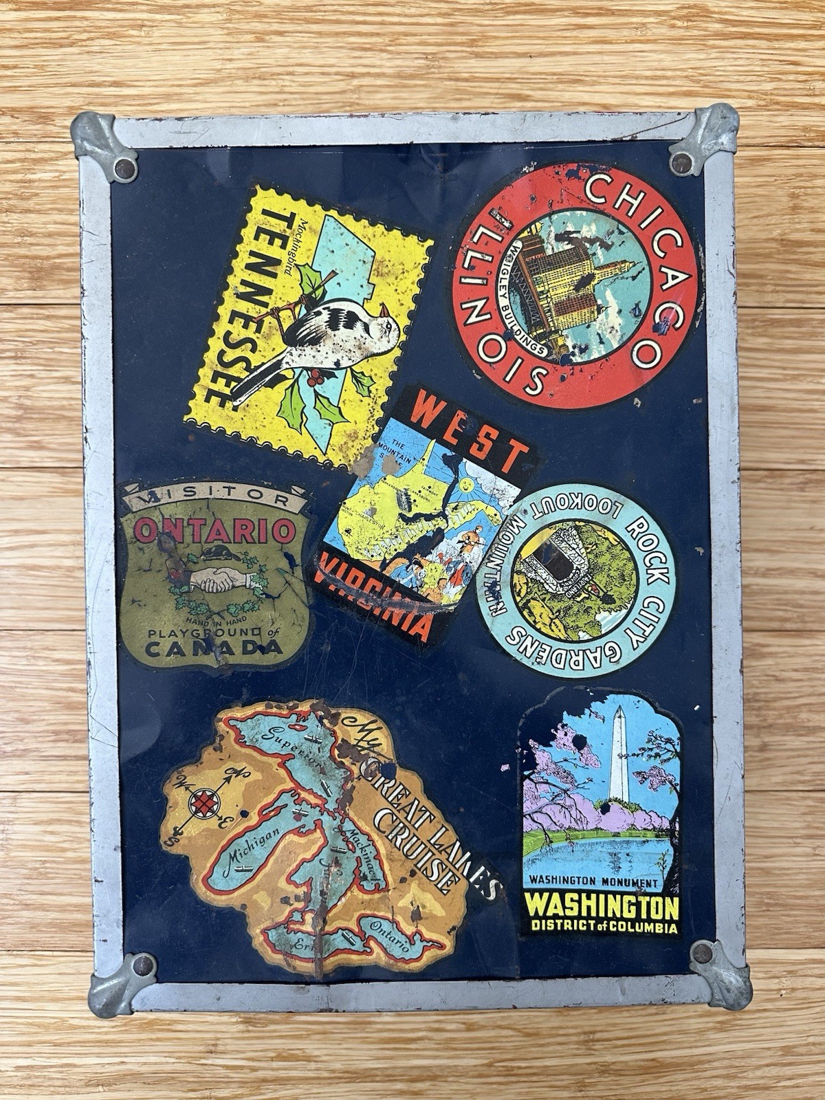 Vintage Travel Sticker Suitcase Train Case 25 Decals Chicago Canada Mid Century