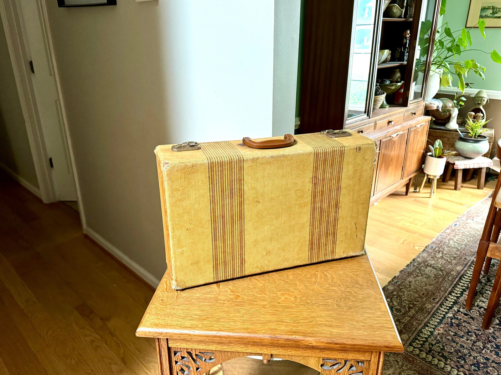 Vtg Wrapped Wood Worn Hardshell Suitcase | Rustic Striped Hardshell Suitcase
