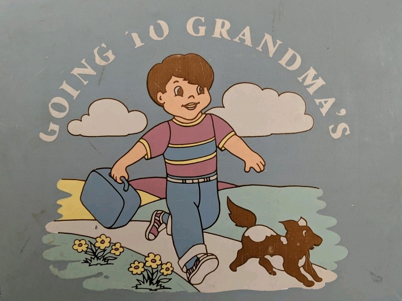 Vintage Going To Grandma’s Luggage Blue Hard Shell Child’s Suitcase Boy with Dog