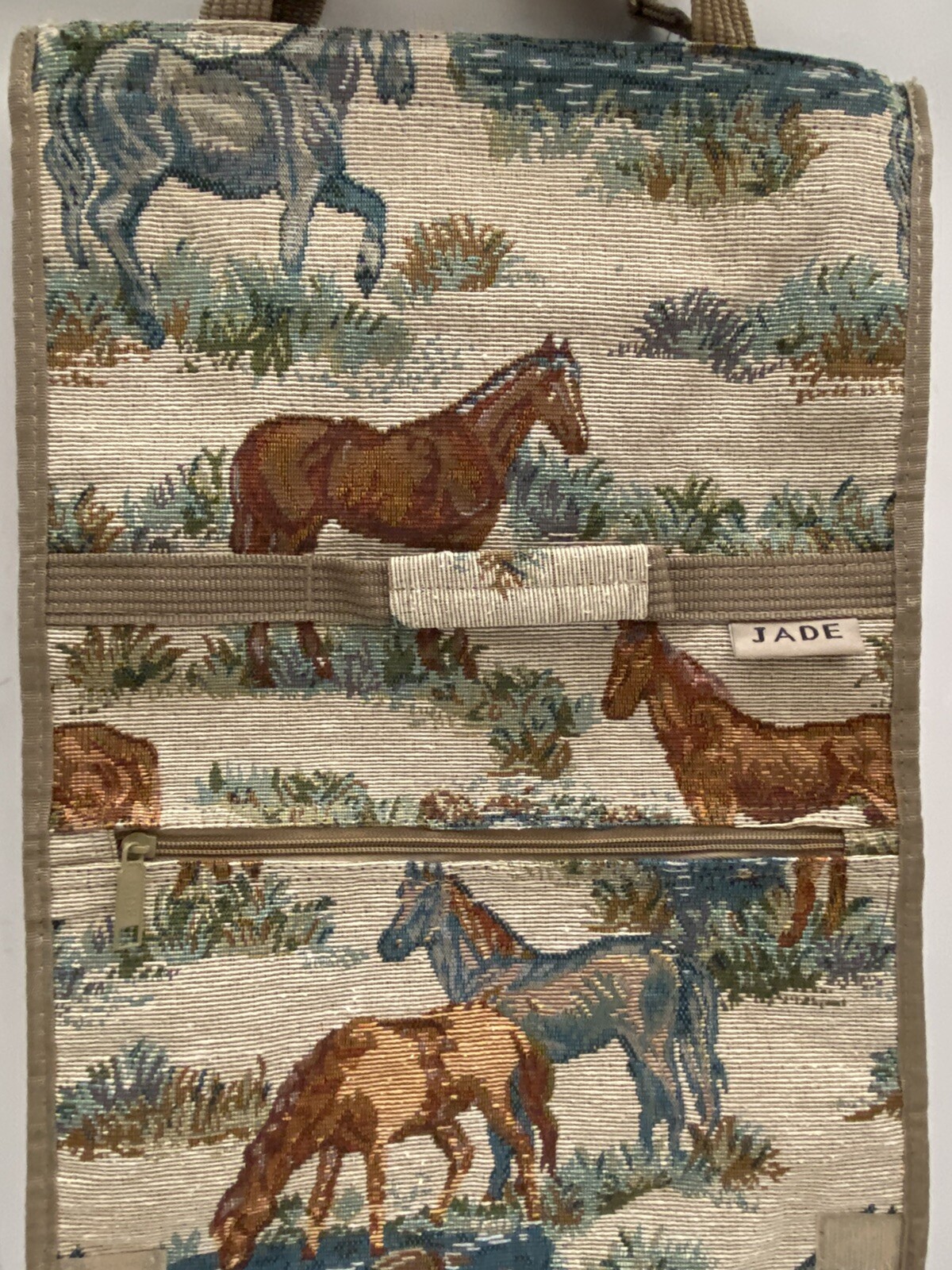 Vtg Jade Tapestry Horses Travel bag Tote w/ Foldable Collapsible wheels