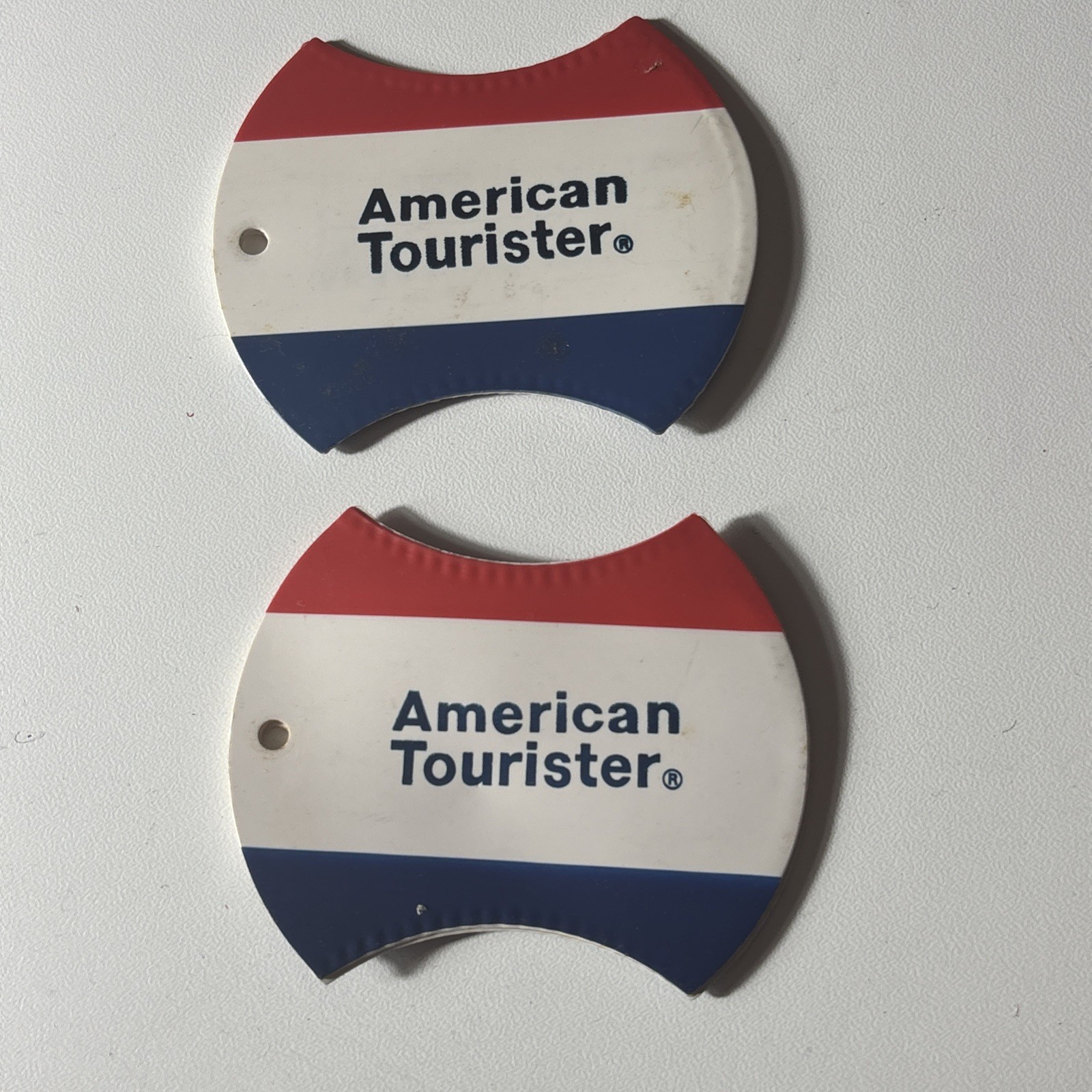VINTAGE AMERICAN TOURISTER LUGGAGE TAGS RED WHITE BLUE SET OF 2