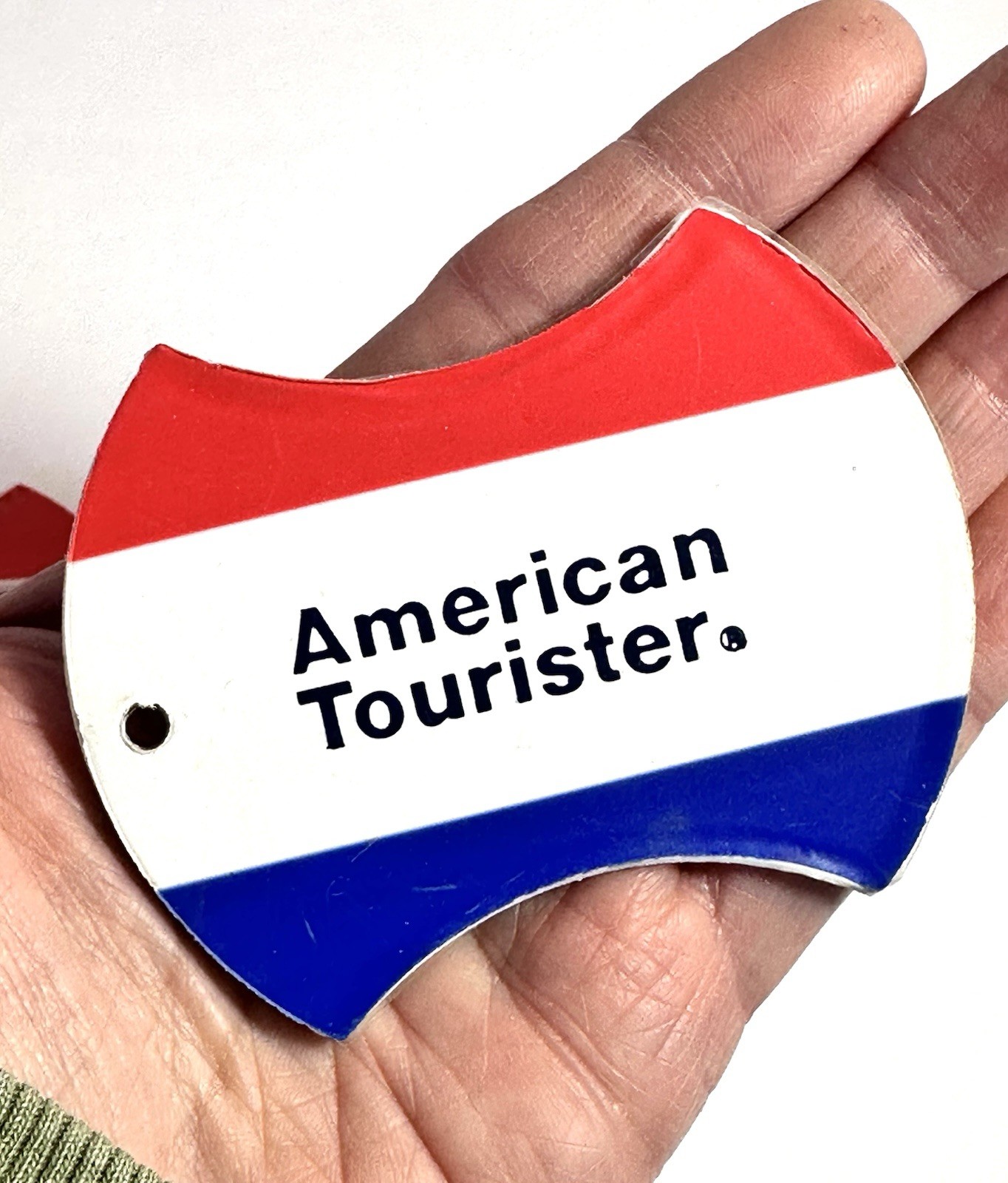 Vintage Retro American Tourister Luggage Tag Vinyl Red White Blue Airline Travel
