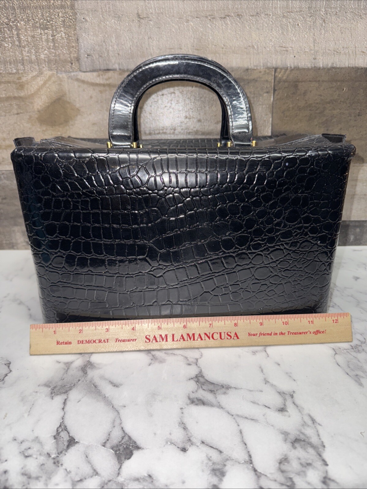 CB Vintage Crocodile Patent Leather Makeup Train Case Black
