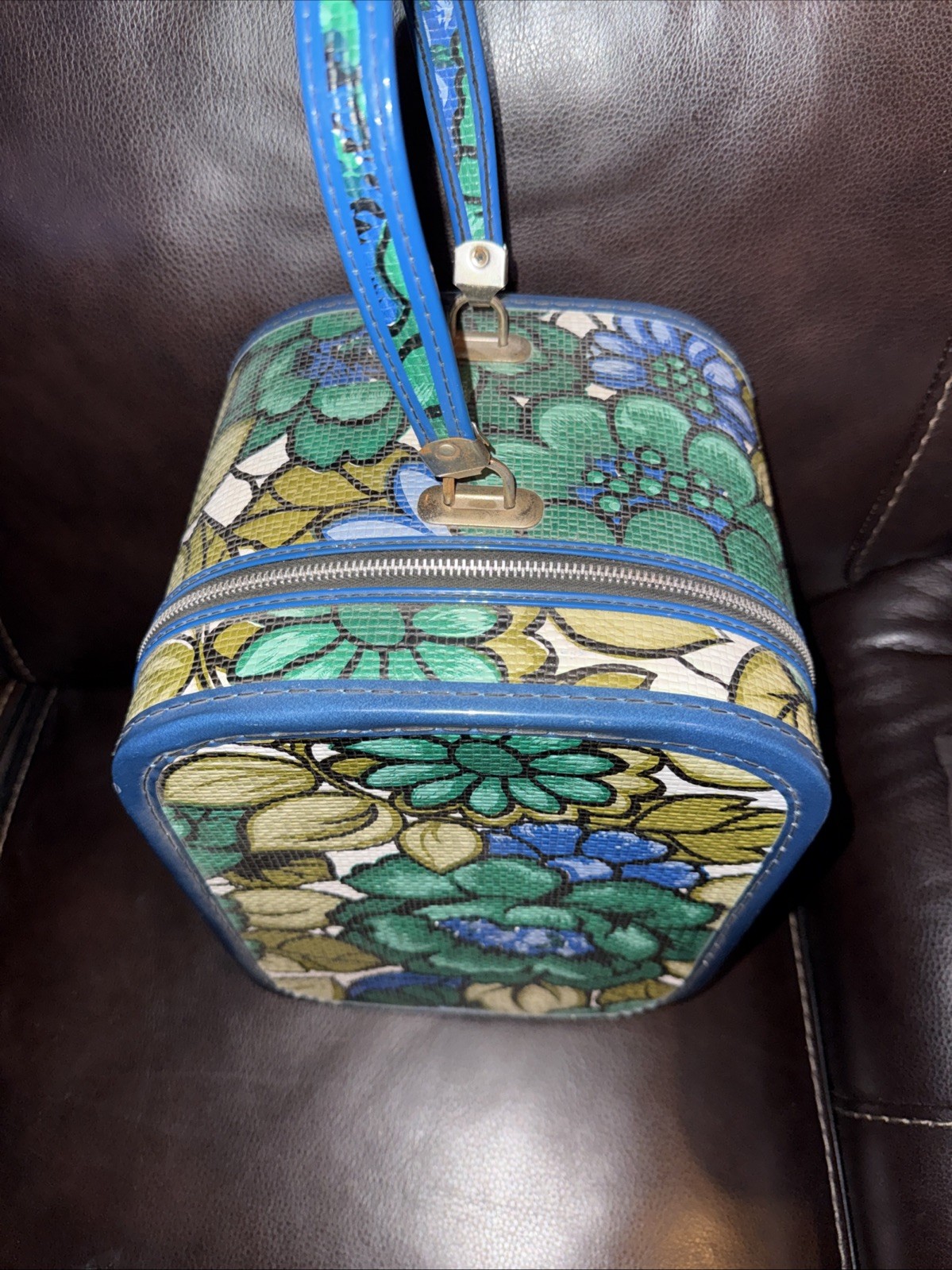 Vintage Traveling Wig Case 1960s Green Blue Floral Case