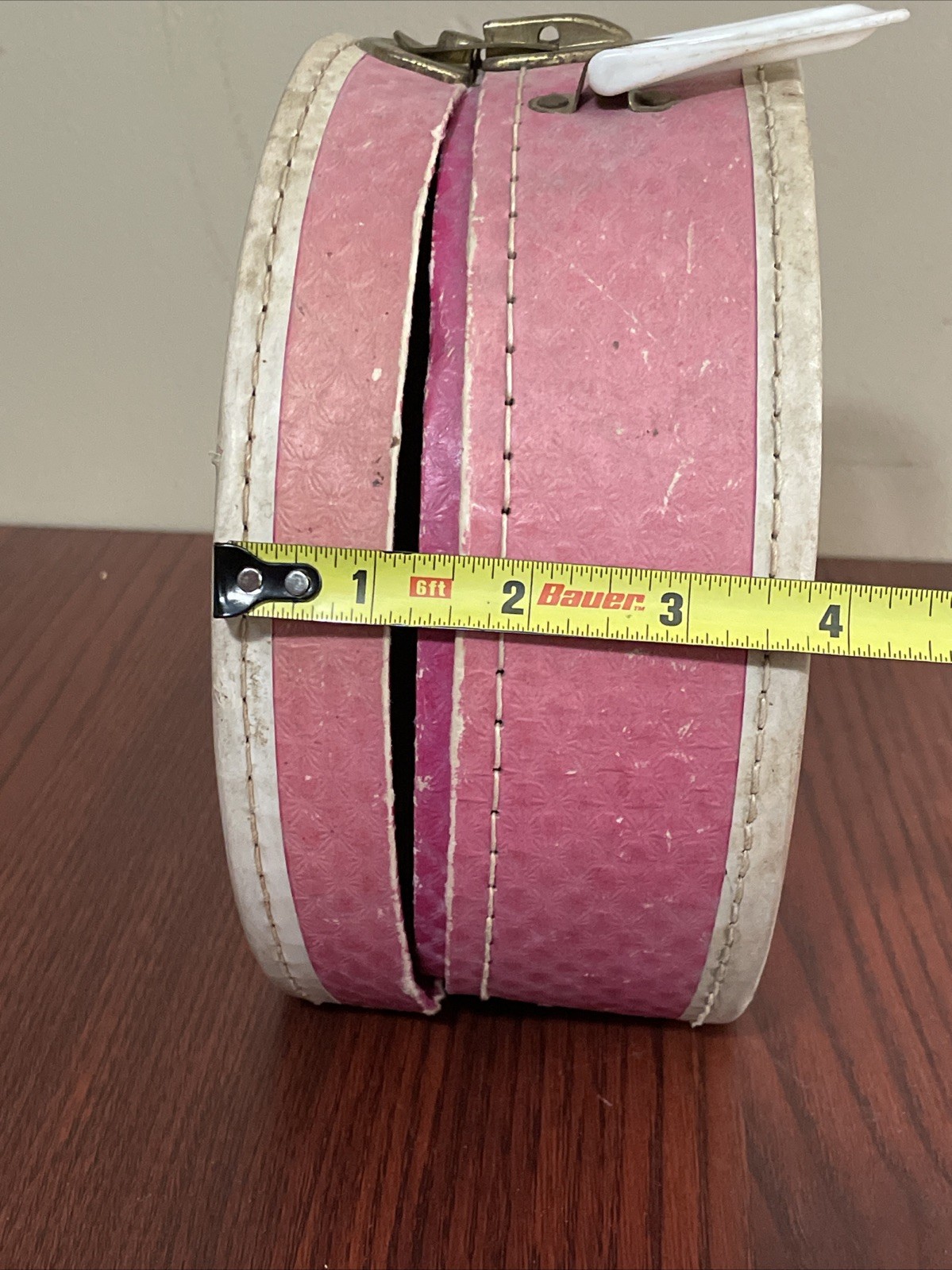 VTG 1950’s Round Pink Child’s Travel Case Bear Going On A Train