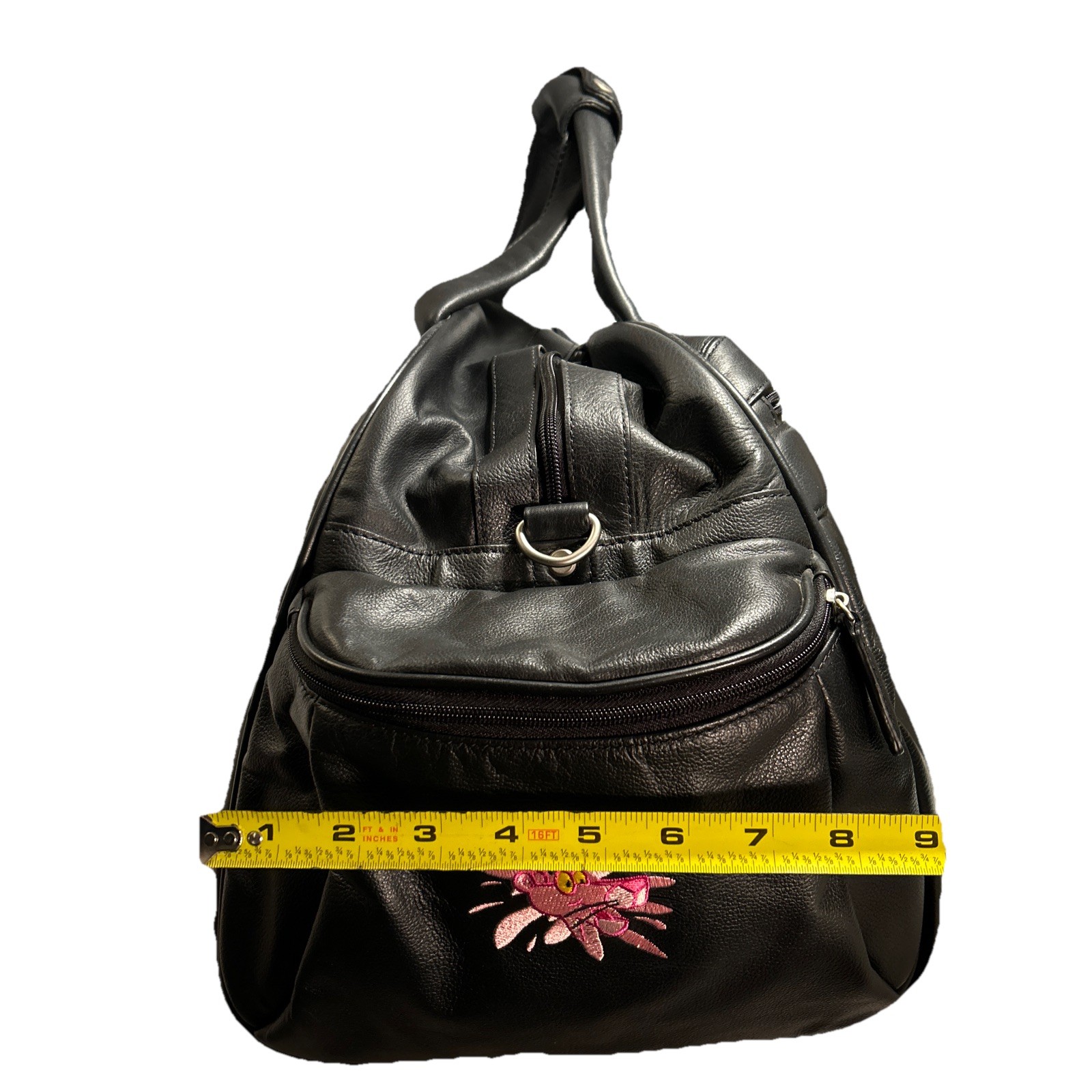 Vintage 1990’s Large Pink Panther Logo Black Leather Duffle Bag