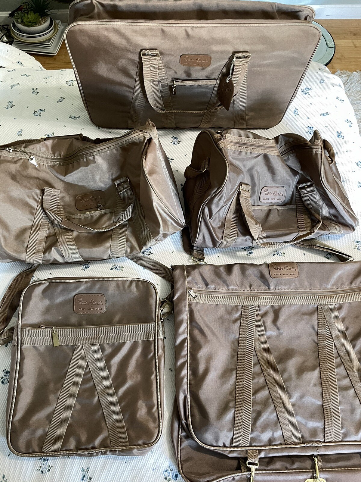 Pierre Cardin VTG Duffle Travel Gym Weekend Suit Bag Nylon Gold Brown Set Of 5