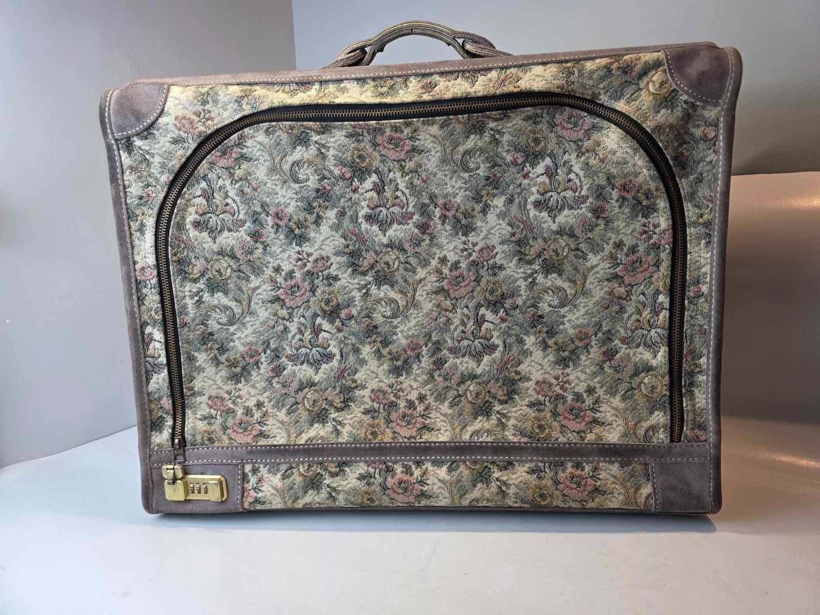 Vintage Suitcase French Luggage Co Gray Floral Rose Tapestry & Suede Leather 23″