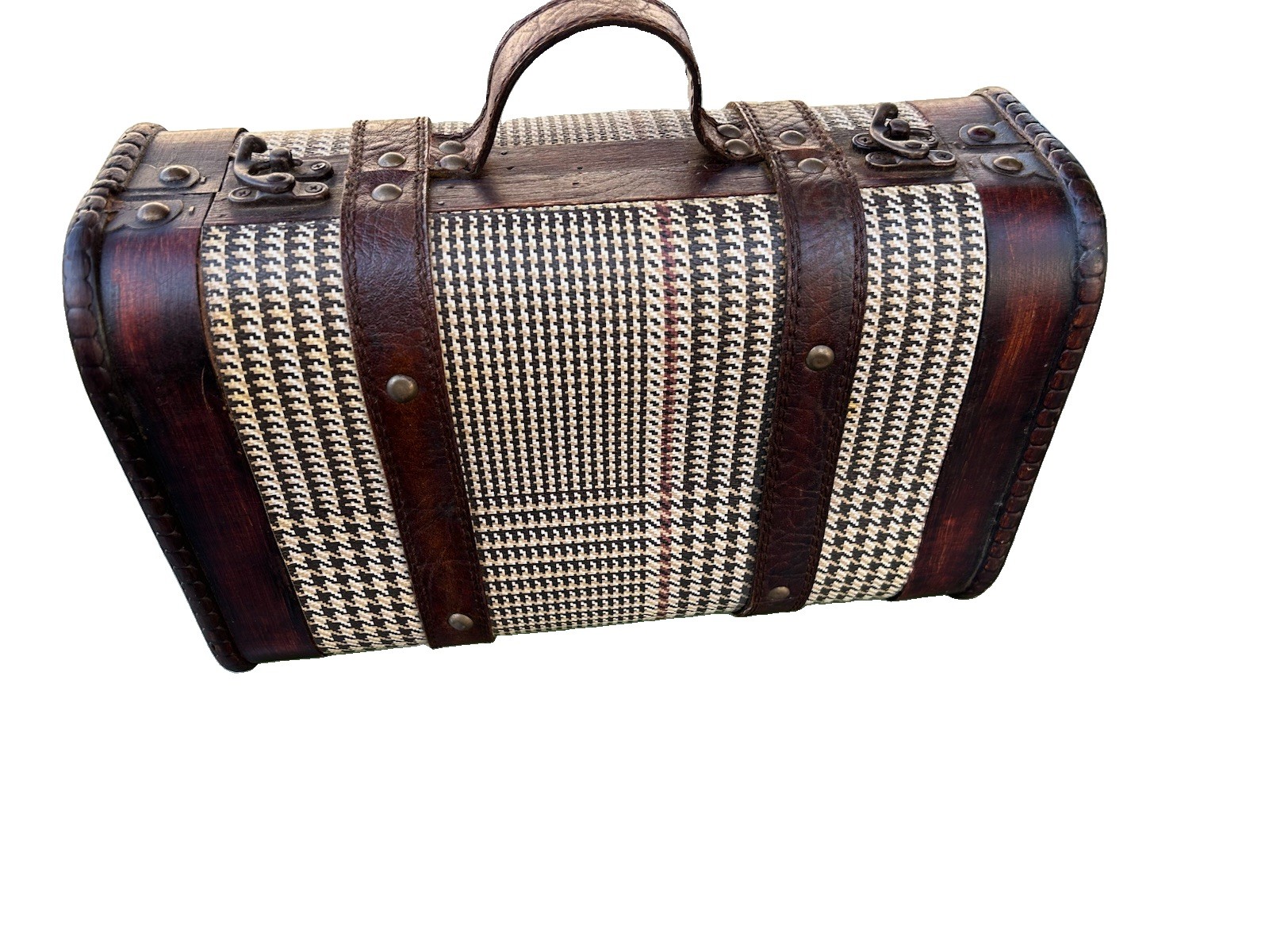 Vintage-Inspired Hard Decorative Suitcase Trunk Wood Faux Leather 12×7 1/2×5