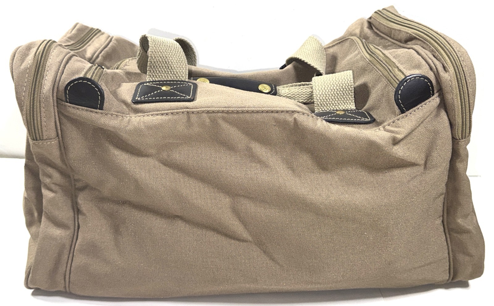 VTG Eddie Bauer Ford Motor Co Tan Canvas Leather Duffle Bag Travel Carry-on 19″
