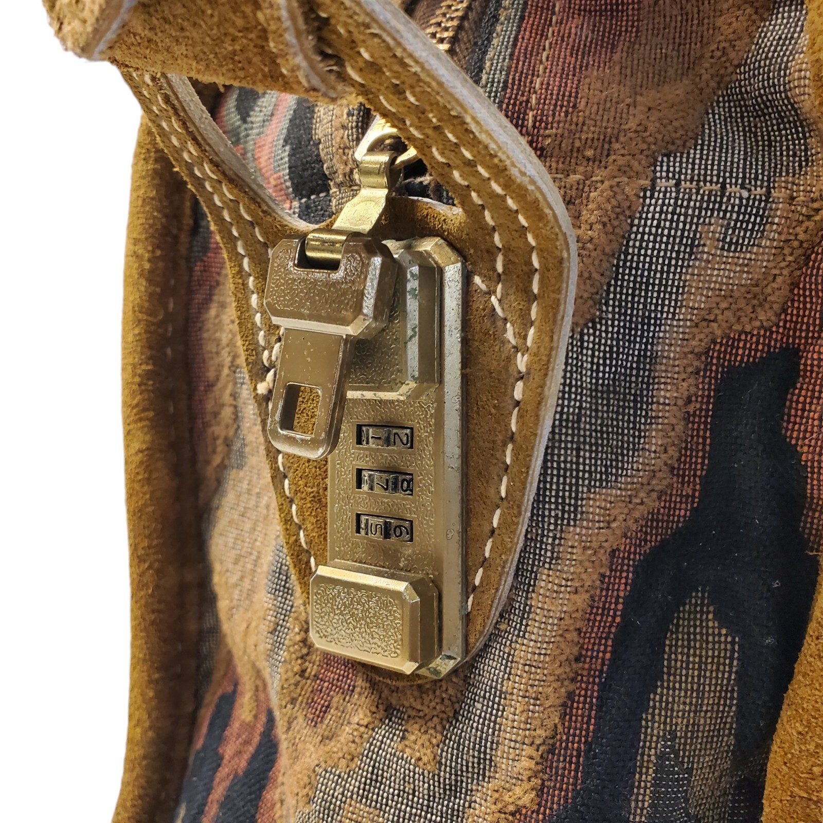 Vintage NEIMAN MARCUS Travel Bag Brown Suede Tapestry Geometric Oversize Padlock