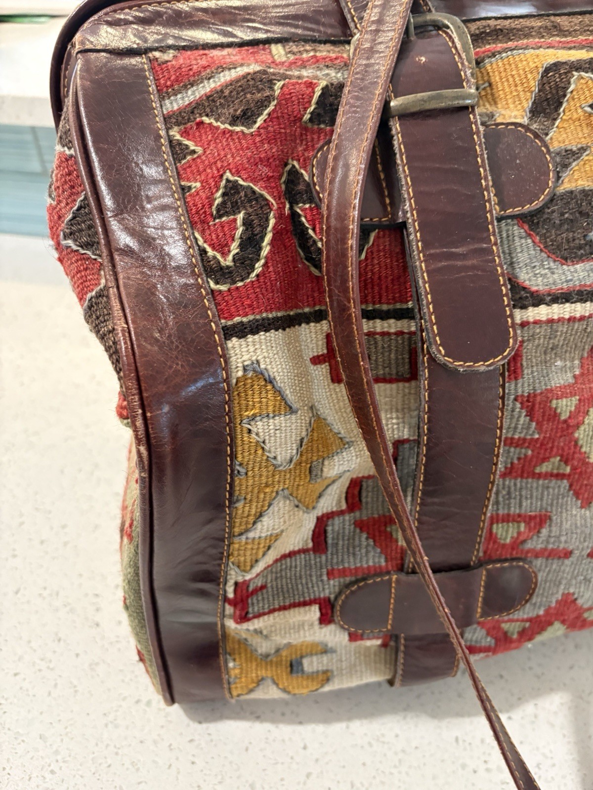 Vintage Leather & Kilim Carry On Travel Weekender Luggage Carpet Bag Overnight